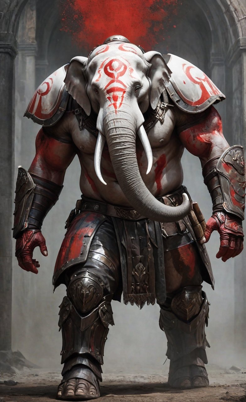 a very muscular man, with a very heavy body, a mutant human, elephant head & human body, aged looks, head of an elephant, full body armour, Magical Fantasy style, red and white paint smeared over the face