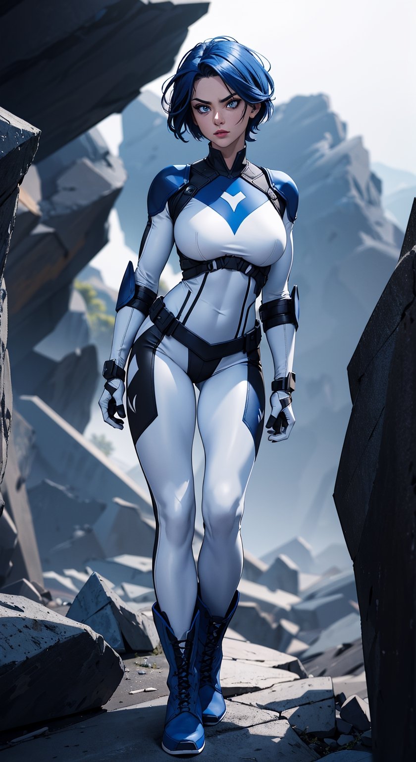 masterpiece,  best quality,  aggressive looking face, big eyes, outdoors, very muscular woman, hands are well shown, standing, super-hero style, full metal body armour in white colour, leggings, (white leather pointed angle boots),  Dramatic lighting, Night time,  Rugged and rocky terrain background, blue eyes, blue short hair, High detailed full body, Head to feet