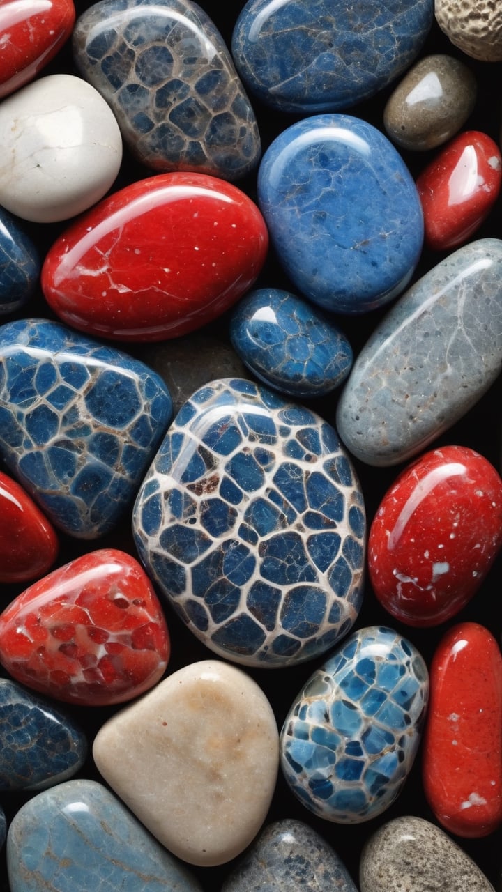 beautifully Petoskey Stone, different shades of blue-coloured box-shaped marble
pebbles with an awesome ribboned Red & white texture, super polished pebbles, glossy pebbles, pebbles covered with bright red fall-off spots, well-arranged, 4k res ,Sci-fi 