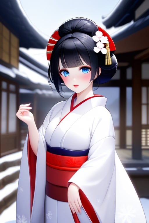 Android geisha, asian_female, blue_eyes, black_hair, full_body, white_kimono, noble, white_socks, snow_white_skin, red_cheeks