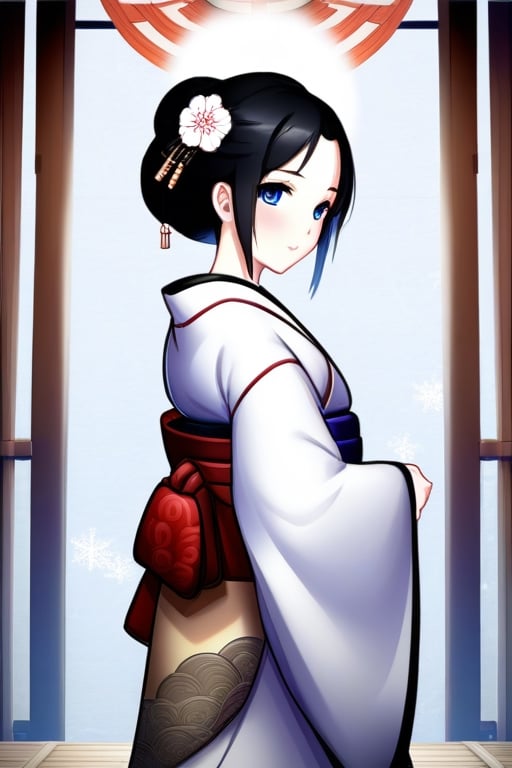 Android geisha, asian_female, blue_eyes, black_hair, full_body, white_kimono, noble, white_socks, zengarden_background, snow_white_skin