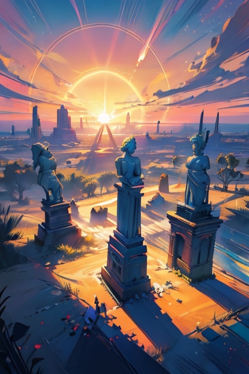 In the desert, golden sand, ruby sand and blue sand draw beautiful three-dimensional figures in the air, in the form of statues, ancient buildings and animals, bright colors, high detail of particles, everything shines, beautiful pink sunset tropical sunset, palm trees, gold and orange sunset, super detail, picturesque landscape, very detailed, 8k, golden sky