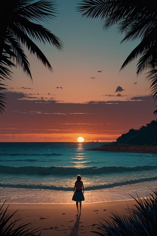 musical tropical vector illustration of sunset on the beach, in the style of Dan Mumford, vintage aesthetics, compositions inspired by nature, dark and gloomy landscapes, tropical landscapes, waves, ocean, orange, pink, blue colors