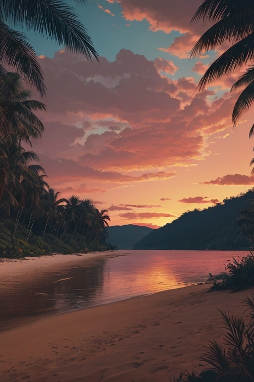 musical tropical vector illustration of sunset on the beach, in the style of Dan Mumford, vintage aesthetics, compositions inspired by nature, dark and gloomy landscapes, tropical landscapes, orange, pink, blue colors