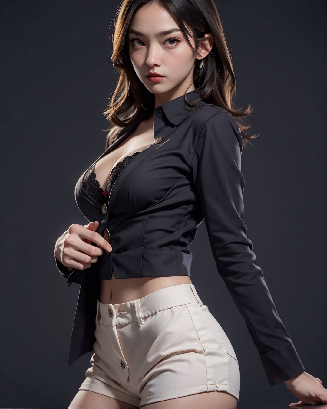 masterpiece,  best quality,  photorealistic,  8k raw photo,  (a sole_girl wearing long yakuza suit. Button down showing her sexy cleavage and black bra) , naughty_face,  beautifull face, standing_up, serious face, bloody background,  natural_boobies,  detailed,  perfect body, perfect hand, bagpipeqr,YakuzaTattoo,blood