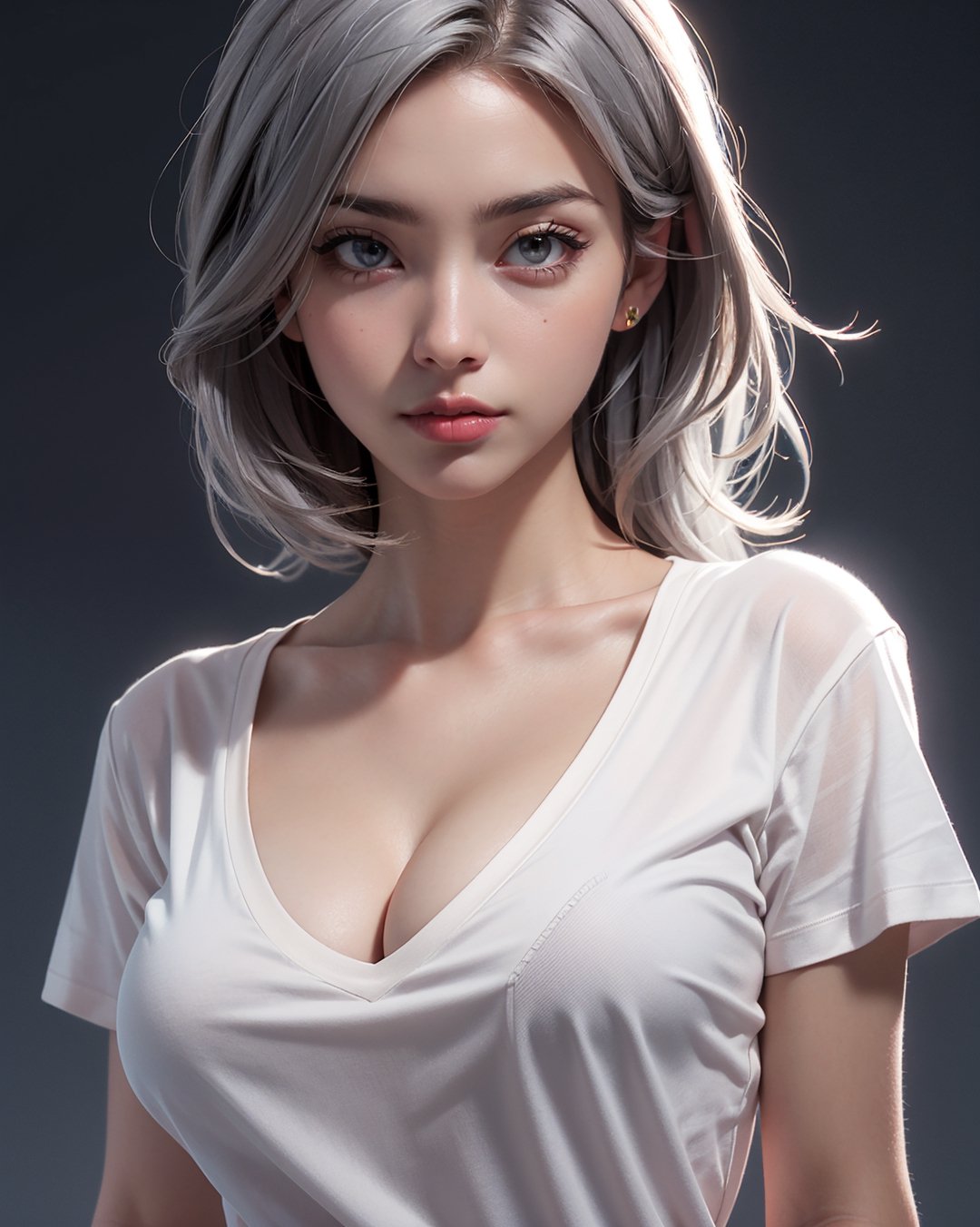masterpiece,  best quality,  photorealistic,  8k raw photo,  (a sole_girl wearing v-neck tshirt show her sexy cleavage) , viewed_from_top,  seduce, beautifull face, gray_hair, frozen,dramatic blurry_light_background,  natural_boobies,  detailed,  perfect body,  perfect hand,