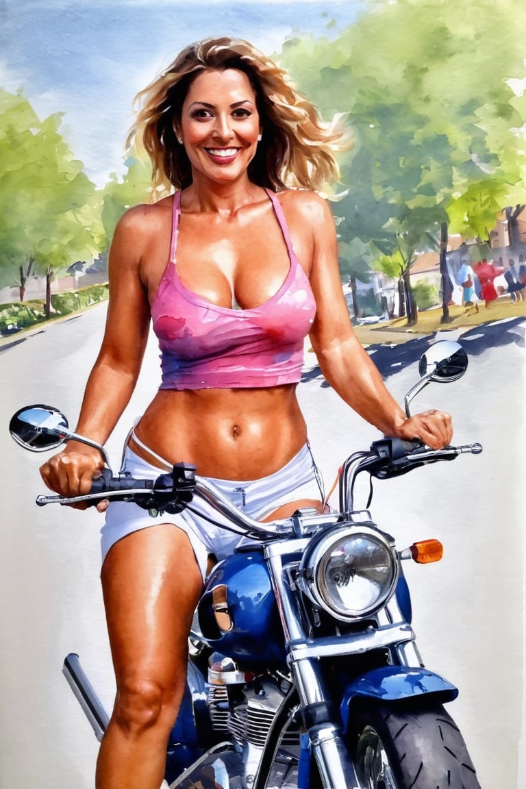 water color  sketch of a happy sexy milf mallu woman of age 36 on her bullet bike, , sexy curvy busty slut, popping saggy boobs, fair natural skin, wearing pantiless mni skirt and bare boobs  l sexy thighs shining, extreme details, morning time, brush strokes, cross hatches, smudges, painting artwork, painting, illustration, artwork, half done sketch, 
,oil paint 