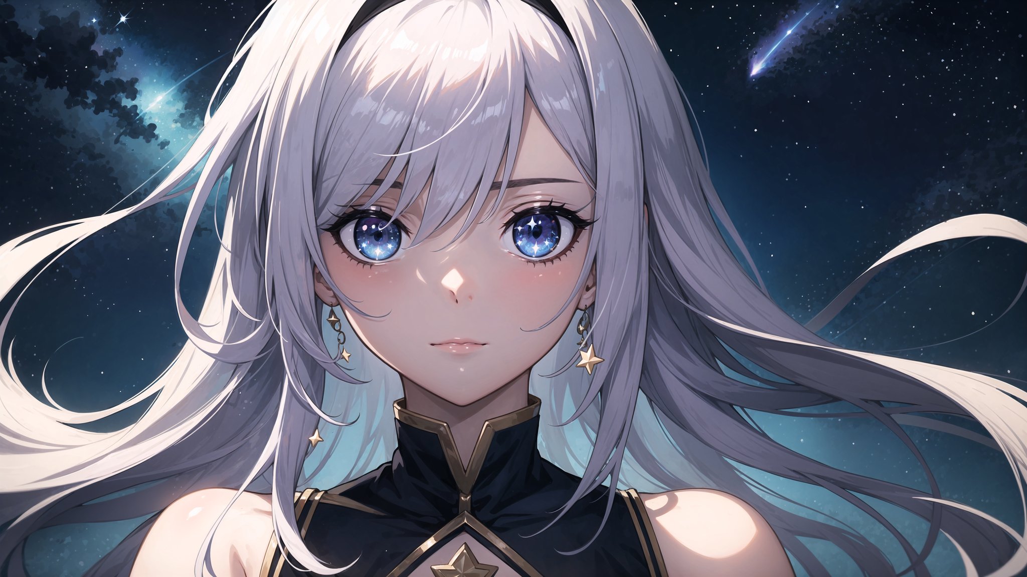 masterpiece, best quality, illustration, stars in the eyes,dishevelled hair,Starry sky adorns hair,1 girl,sparkling anime eyes,beautiful detailed eyes, beautiful detailed stars,blighting stars,emerging dark purple across with white hair,multicolored hair,beautiful detailed eyes,beautiful detailed sky, beautiful detailed water, cinematic lighting, dramatic angle,