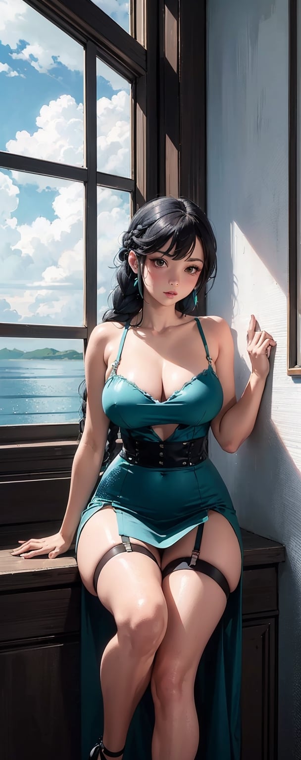 (masterpiece, best quality), 1girl, Sky blue Waterfall Braid, medium breasts, Sea green Strappy camisole and Sequin mini skirt, garter straps, Sitting on a windowsill, legs dangling outside, lost in thought.wide hips, narrow waist, huge boobs, perky breasts