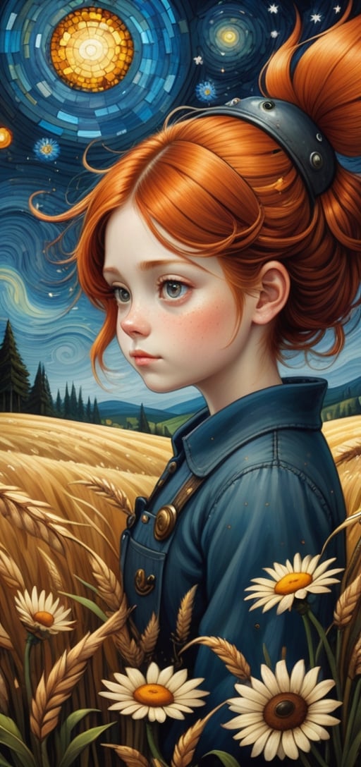 fine art, oil painting, two parts in one art, double exposure, best quality, dark tales, close up cute detailed ginger-haired girl and big fluffy Totoro in the rye field under Van Gogh starry sky, forest, detailed face, Craola, Dan Mumford, Andy Kehoe, 2d, flat, cute, adorable, vintage, art on a cracked paper, patchwork, stained glass, fairytale, storybook detailed illustration, cinematic, ultra highly detailed, tiny details, beautiful details, mystical, luminism, vibrant colors, complex background,