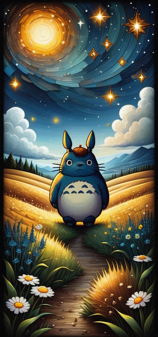 fine art, oil painting, two parts in one art, double exposure, best quality, dark tales, close up cute ginger-haired girl and big fluffy Totoro in the rye field under Van Gogh starry sky, forest, detailed face, Craola, Dan Mumford, Andy Kehoe, 2d, flat, cute, adorable, vintage, art on a cracked paper, patchwork, stained glass, fairytale, storybook detailed illustration, cinematic, ultra highly detailed, tiny details, beautiful details, mystical, luminism, vibrant colors, complex background,