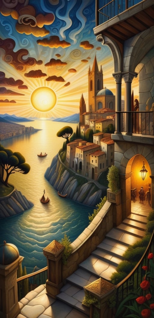 mail art, Early Renaissance, oil on canvas, fairytale, art on a cracked paper, extremely complex, dynamic poster, detailed Renaissance Florencia landscape, city, sunset, sea, shadow play, sun rays, summer, by Michelangelo, Omar Rayyan, James Jean, Craola, Andy Kehoe, Fra Beato Andzheliko, patchwork, mosaic, storybook illustration, highly detailed unusual beautiful details, intricated, intricated pose, tiny details masterpiece, high quality, intricated lighting, luminism