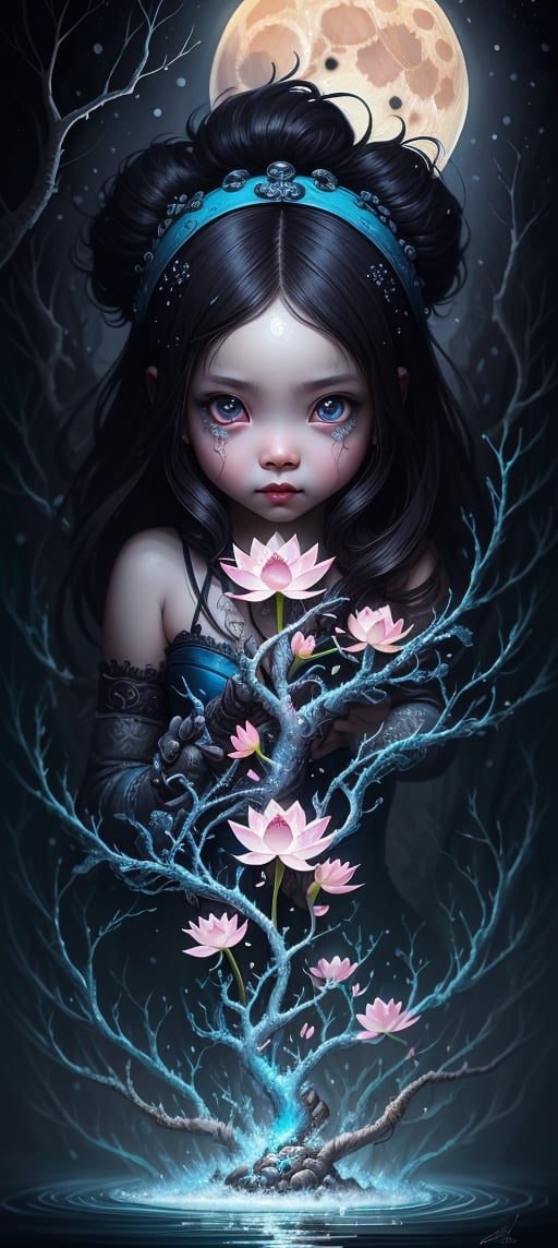 luminism, a close up cute blue asian demon baby, detailed face by WLOP greg rutkowski, craola, cute flying ghosts, otherworldly, scary, horror, wonderland, mystical, creepy, fantasy, blue ice fire moon, dark water, water drops, pink luminous lotus flowers, snow, tree branches, complex background, dynamic lighting, lights, digital painting, intricated pose, highly detailed, cute, filigree, intricated