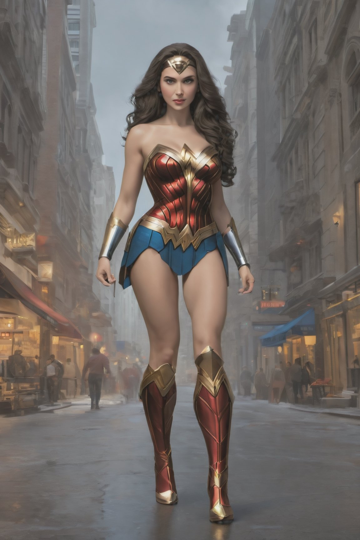 pretty girl with huge milky breasts in wonder woman outfit long legs dark long hair in the city