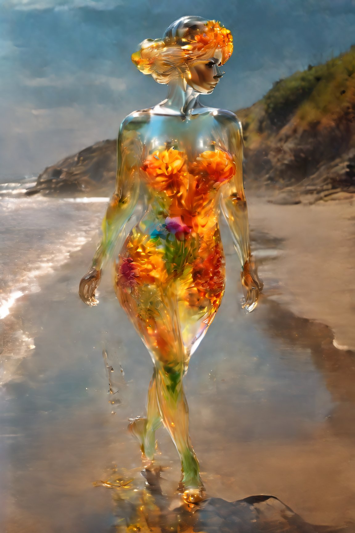 Photorealistic portrait of a gorgeous woman emitting a soft glowing aura with flowy BROWN hair resembling steam in water with vibrant floral elements encased in glass, hyperdetailed face and eyes, colorful rendition, 3d style flowers, amber glow, sharp focus on eyes, vivid hazel eyes, work of beauty elegance and complexity, from behind, colorful body tattoos on her back, fantasy vibe,A blonde girl dancing, green and yellow eyes, flowing ink elements, alberto seveso style,  close-up ,Glass, lots of jewelry gold and diamonds like earings necklace bracelets and circlets. fire and radial glow background.