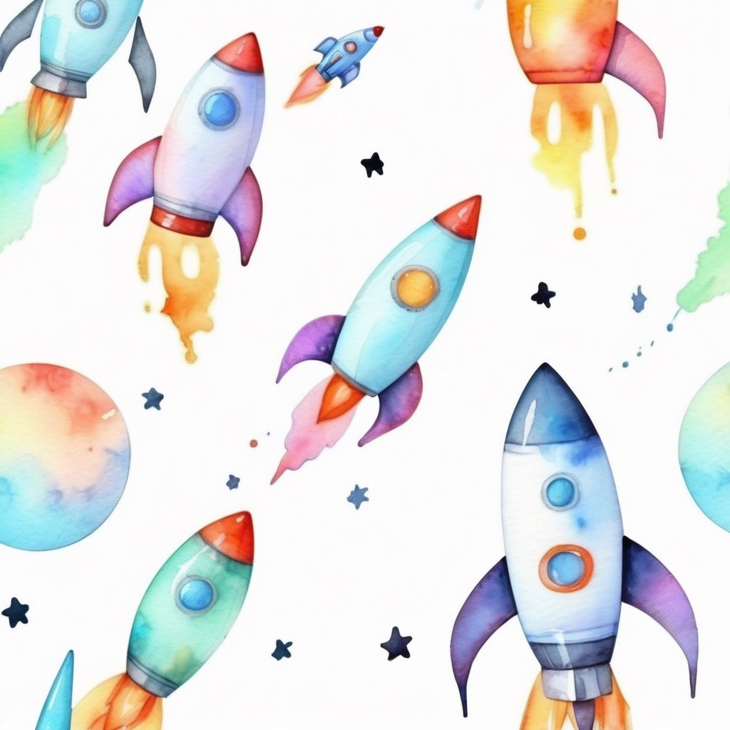 rocket ,SPACE OBLECTS on the table,bright colors, watercolor, cute