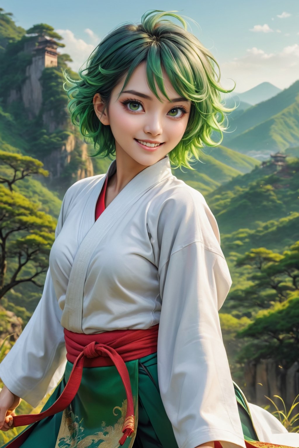 (masterpiece), ((best quality)), ultra-detailed, (illustration), (dynamic angle), (paint), ( green hair), (woman), ((detailed face)), (short hair), beautiful detailed gradient eyes, (colourful background), (martial art clothes), traditional clothes, dynamic angle, gold and white lining, (dynamic pose), (mystical landscape), detailed clothes, (good anatomy), gradient eyes, smile, (semi-realistic),