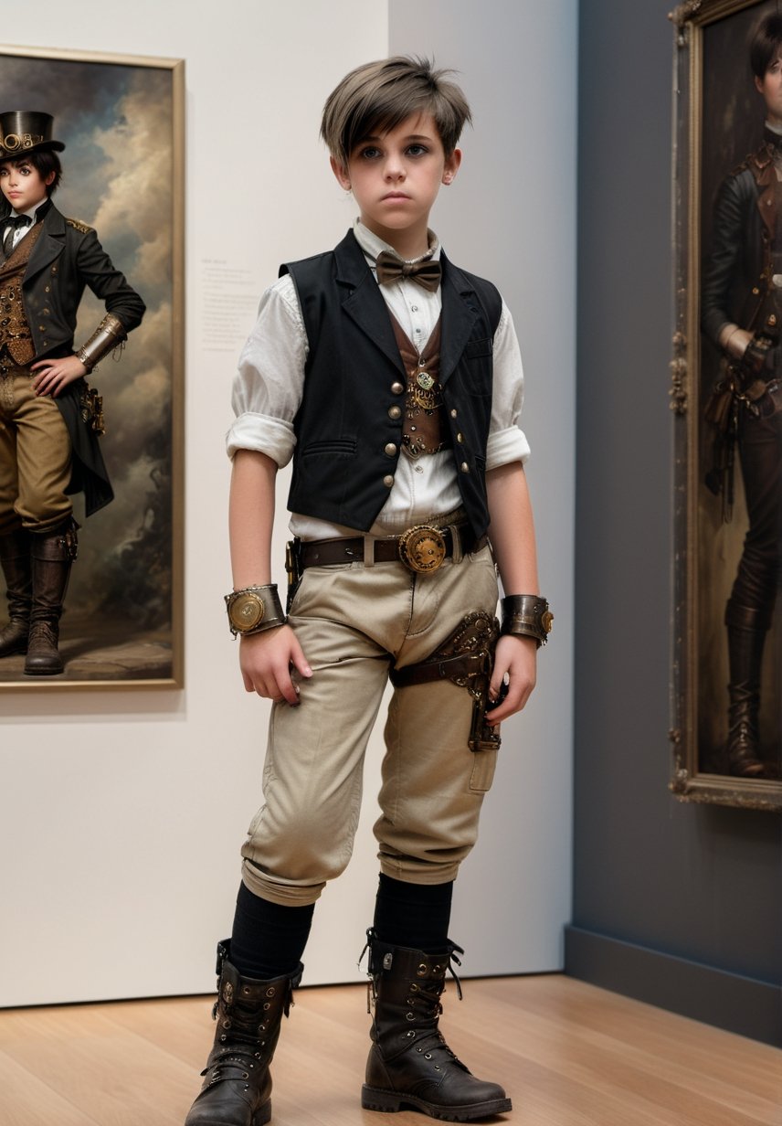 ((Generate hyper realistic full body image of  captivating scene featuring a 12 years old steampunk boy,)) ((dressed wiyh shirt, black vest and khaki cargo boxer pants)) short dark hair with bangs,  semi side view,  gray eyes,  standing with arms crossed bored in the gallery of an art museum,  photography style,  Extremely Realistic,  (((full body))),