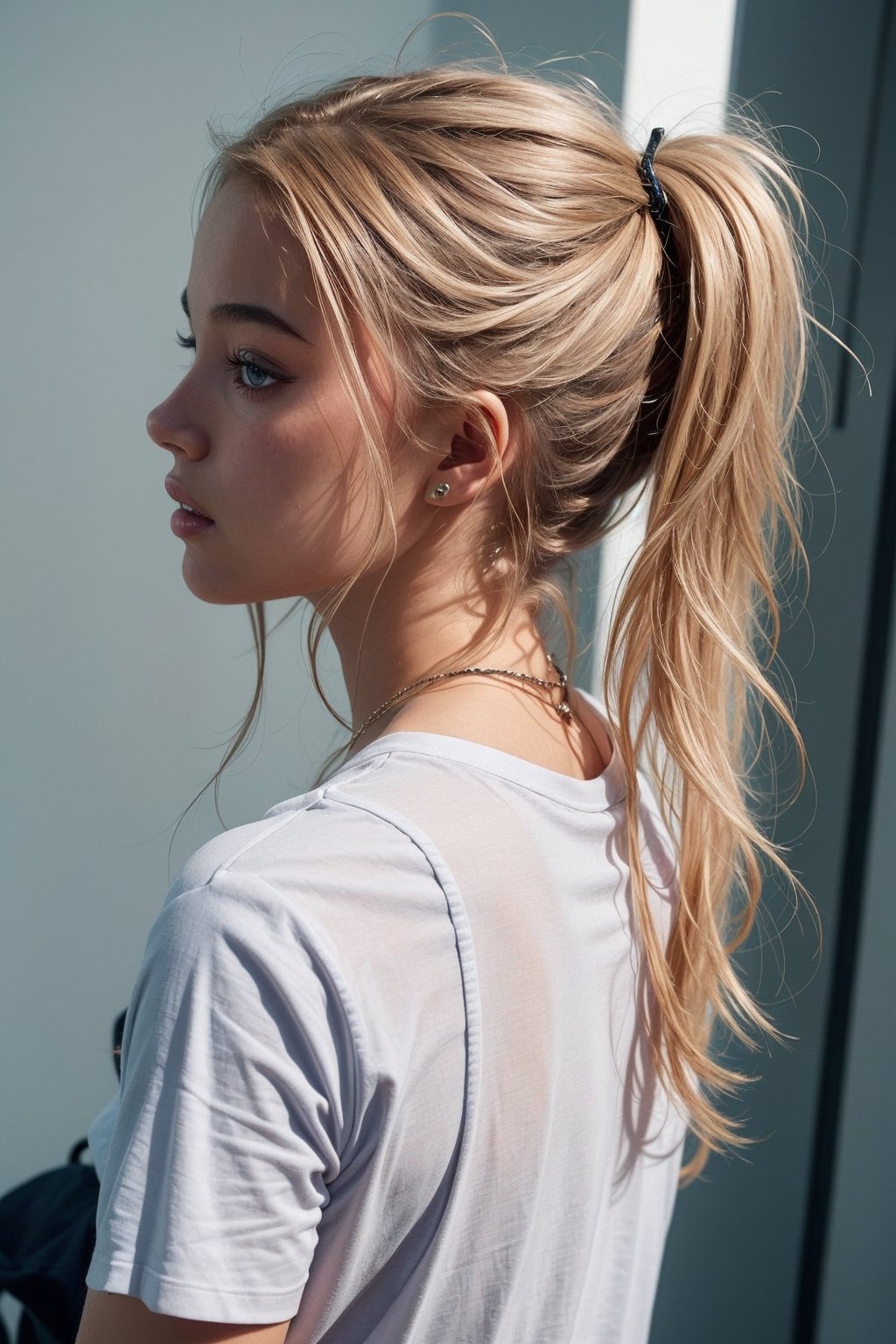 portrait close-up, of young girl, perfect face, detailed beauty eyes,(wearing tshirt,), ((showing his back from side,)) taking selfie,