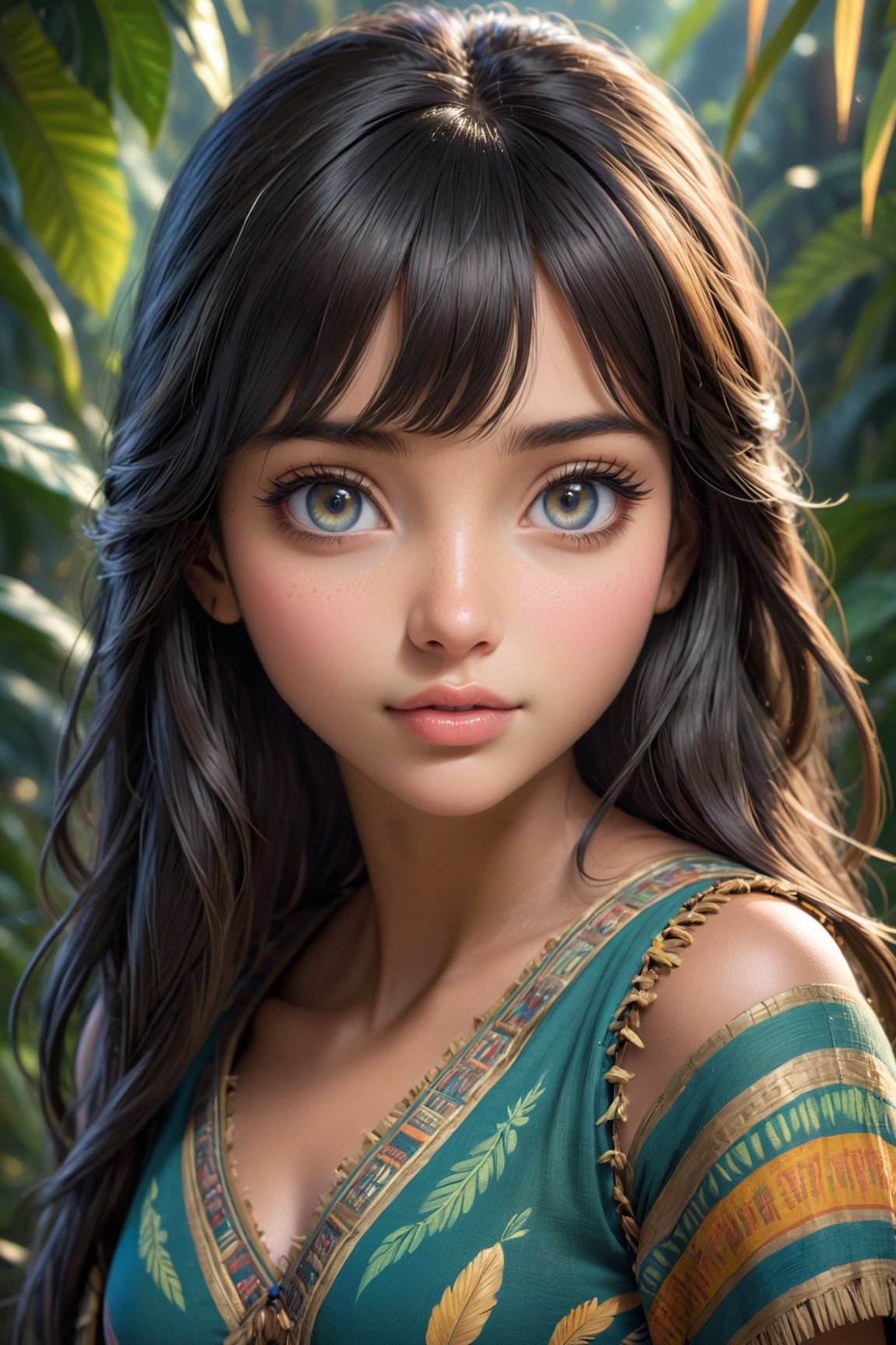 ((top quality)),  ((masterpiece)), girl of Amazonian ethnicity, with a childish face with a shy look, long dark hair with bangs,  intricate details, cinematic image, very detailed eyes, very detailed mouth, illuminated by soft light,