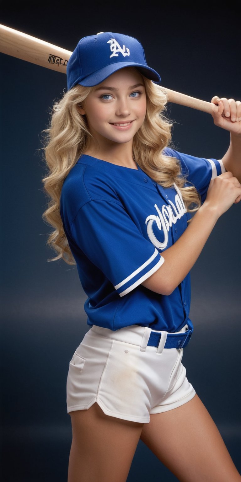 ((Generate hyper realistic full body portrait of  captivating scene featuring a stunning 20 years old girl,)) with medium long blonde hair, flowing curls, little smile, dressed in baseball gear, a peaked cap partially covering her face, standing leaning on a bat, bare legas and thigs, studio lighting,  piercing, blue eyes, photography style , Extremely Realistic,  ,photo r3al,action shot