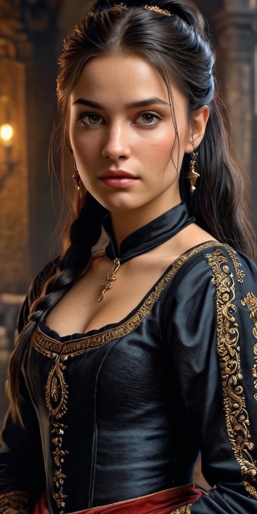 ((Generate hyper realistic portrait of captivating scene featuring by a stunning medieval 20 year old girl,)) rich intrincate detailed, historical black dress, long dark hair in a ponytail, meaningful colors,16k resolution, masterpiece, highly complex setting,dynamic lighting, breathtaking, lovely photography style, Extremely Realistic,