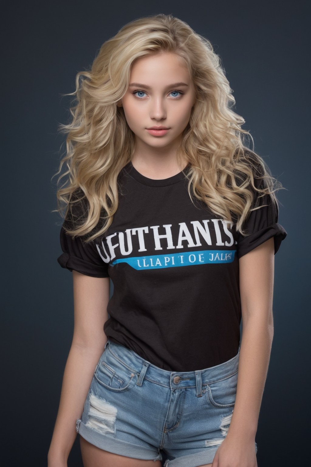 ((Generate hyper realistic portrait of  captivating scene featuring a stunning 20 years old girl,)) with medium long blonde hair,  flowing curls,  frontal view, donning a jeans shorts and a trendy slogan black tee with sleeves rolled up,((( with his forearm resting on his forehead,)))  piercing, blue eyes, photography style , Extremely Realistic,  ,photo r3al