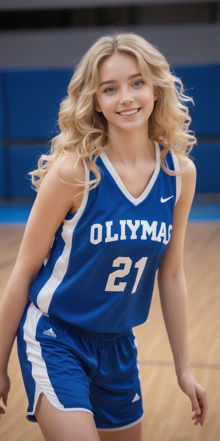 ((Generate hyper realistic full body portrait of  captivating scene featuring a stunning 20 years old girl,)) ((semi side view,)) with medium long blonde hair, flowing curls, little smile, donning a blue basketball  jersey, on a Olympic basketball court,  piercing, blue eyes, photography style , Extremely Realistic,  ,photo r3al,action shot