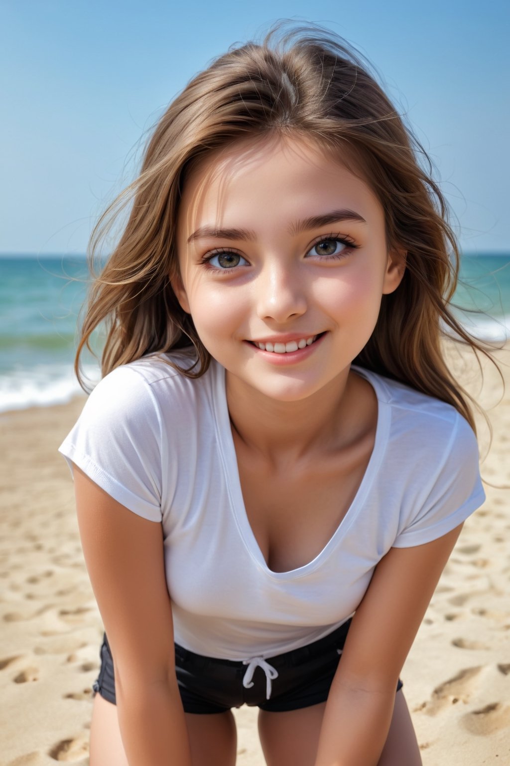 Masterpiece, highest quality ((close-up portrait,)) A girl with little smile, wearing a white t-shirt and a black mini shorts, masterpiece, hdr, high resolution, best quality, masterpiece, next to beach, professional,3d style