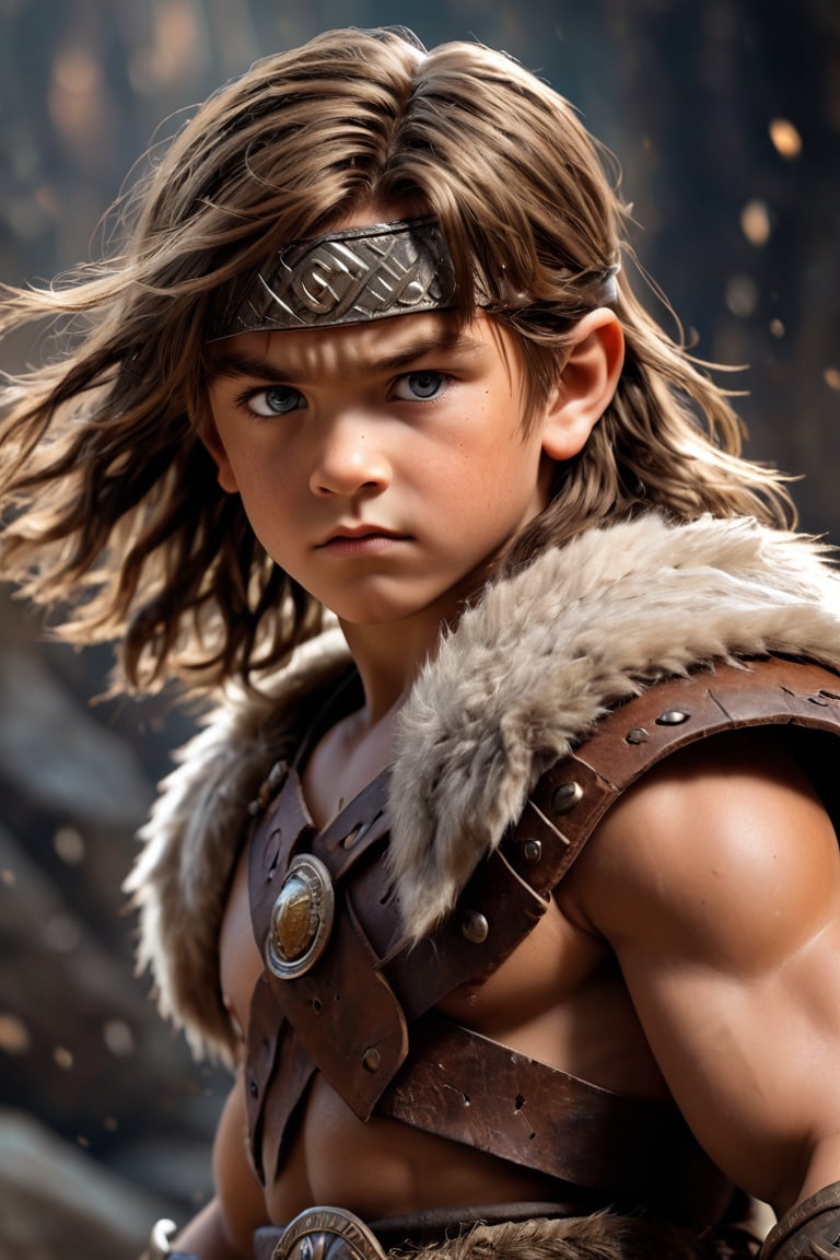 Generate image of Conan the barbarian as a child  at 11 years old, petite and cute, (light grey eyes), (bright and clear eyes), ((Intricate details,)) realistic anime style, depth of field, cinematic lighting, reflected light, dramatic lighting, semi side view, medium shot, masterpiece, best quality, high resolution, super detailed, high resolution image, accurate resolution, UHD, skin texture, full body, 