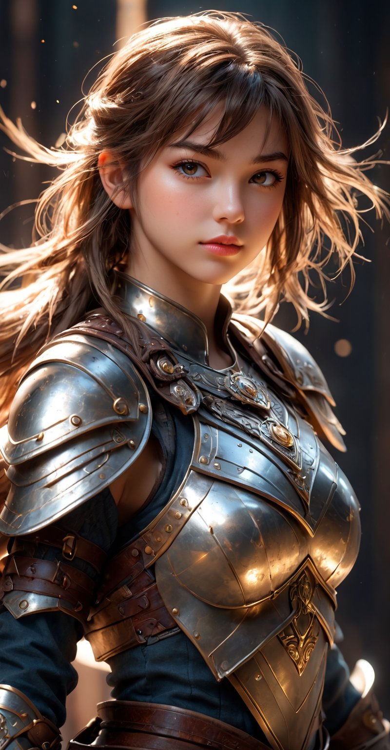 Generate image of a beautiful warrior girl, 18y.o, small and cute, (eye color switch), (bright and clear eyes), ((Intrincate details,)) realistic anime style, depth of field, lighting cinematic lighting, rays, ray tracing, reflected light, glow light, side view, close up, masterpiece, best quality, high resolution, super detailed, high resolution surgery precise resolution, UHD, skin texture,full_body,