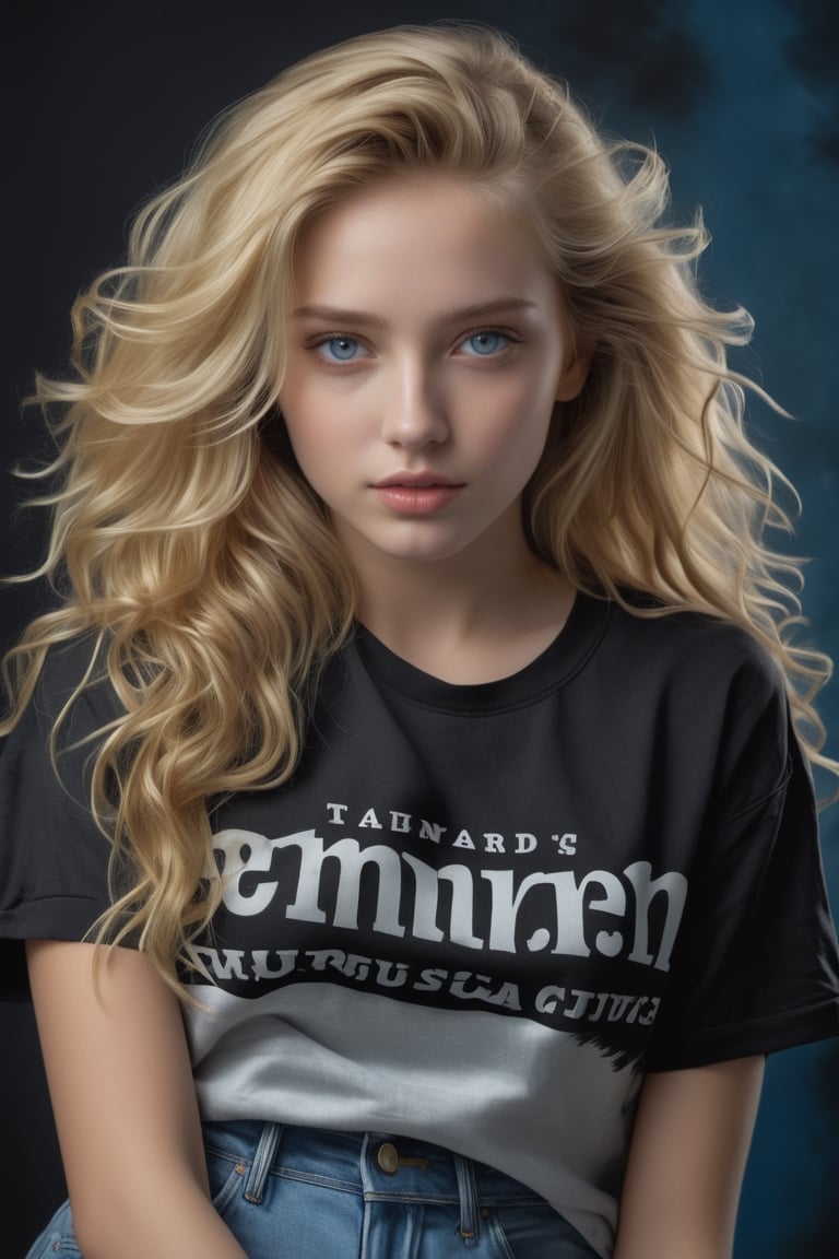 ((Generate hyper realistic image of  captivating scene featuring a stunning 20 years old girl,)) with medium long blonde hair, flowing curls, semi side view, standing with arms raised over his head, donning a jeans shorts and a trendy slogan black tee with sleeves rolled up, piercing, blue eyes, photography style, Extremely Realistic,