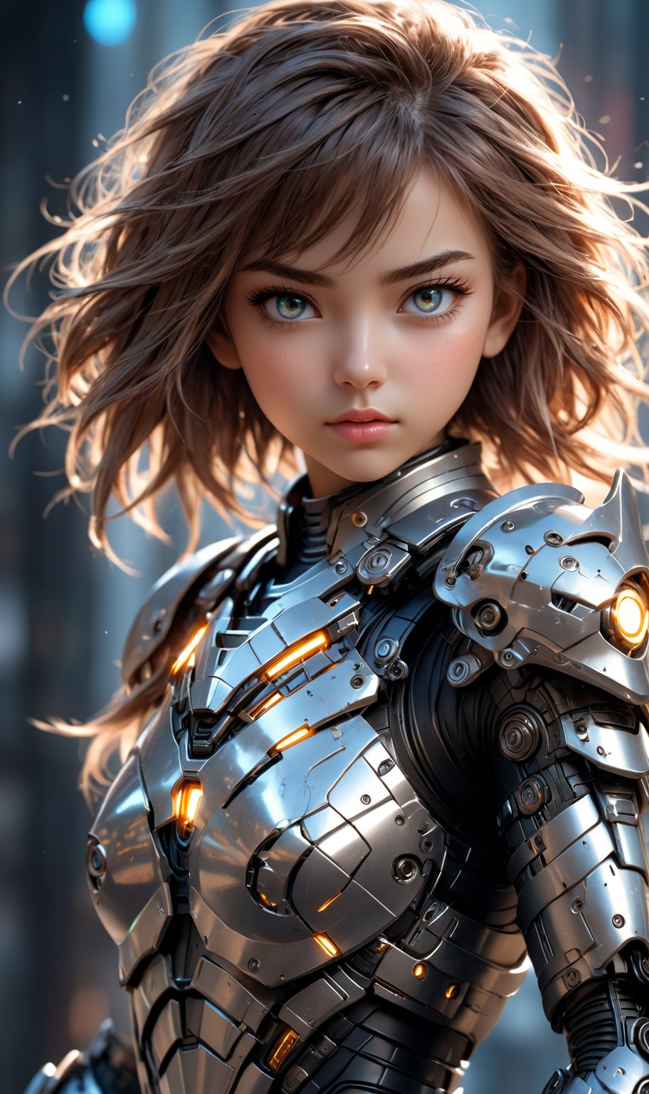 Beautiful warrior cyborg girl, 20y.o, small and cute, (eye color switch), (bright and clear eyes), ((Intrincate details,)) semi-anime style, depth of field, lighting cinematic lighting, dark robotic armor with intrincate details, reflected light, glow light, frontal view, close up, masterpiece, best quality, high resolution, super detailed, high resolution surgery precise resolution, UHD, skin texture,full_body,chibi