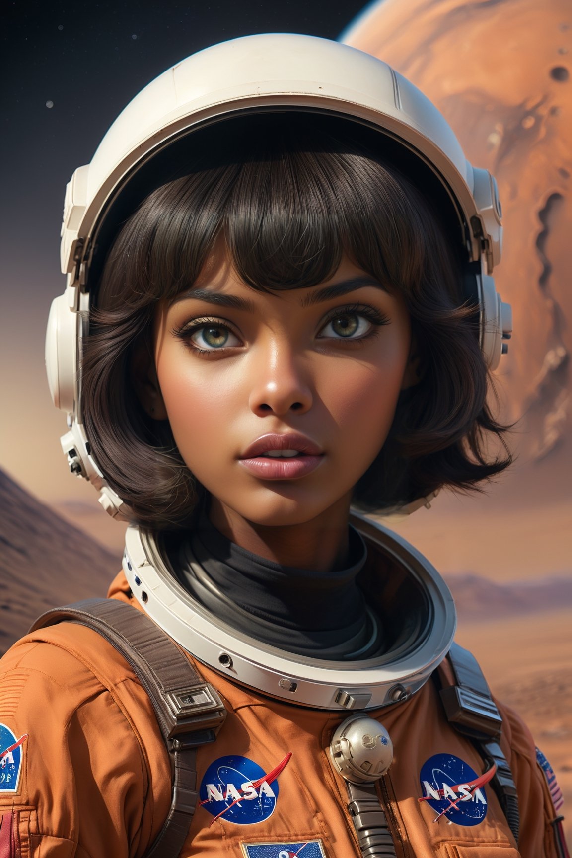 ((top quality)),  ((masterpiece)),Portrait half body, a woman with short dark hair with bangs, dark skin with a NASA astronaut uniform, with a helmet in her hands and a photo of the planet Mars behind her,  intricate details, cinematic image, very detailed eyes, very detailed mouth, illuminated by soft light,more detail XL