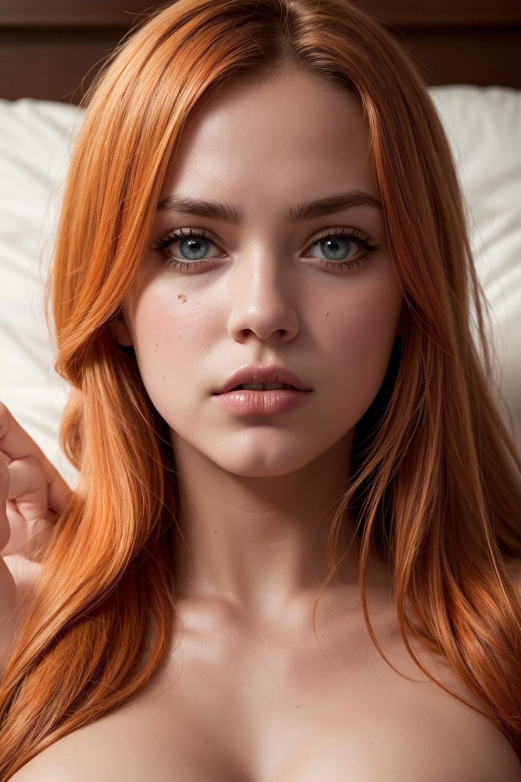 ((top quality)), ((masterpiece)),portrait of a teen gothic girl with a  touch of punky, front view, full nude, with a seductive appearance, ((portrait, laying in bed,)) long orange hair, intricate details, highly detailed eyes, highly detailed mouth, cinematic image, illuminated by soft light,photo of perfecteyes eyes