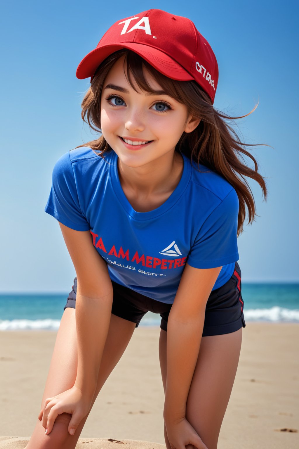 Masterpiece, highest quality image, a girl with a small smile,blue and red peaked cap, with a red short t-shirt wit text: (((TA))) and a black shorts, masterpiece, hdr, high resolution, best quality, masterpiece, beachside black, professional, 3d style,cammystretch, stretching,leaning forward