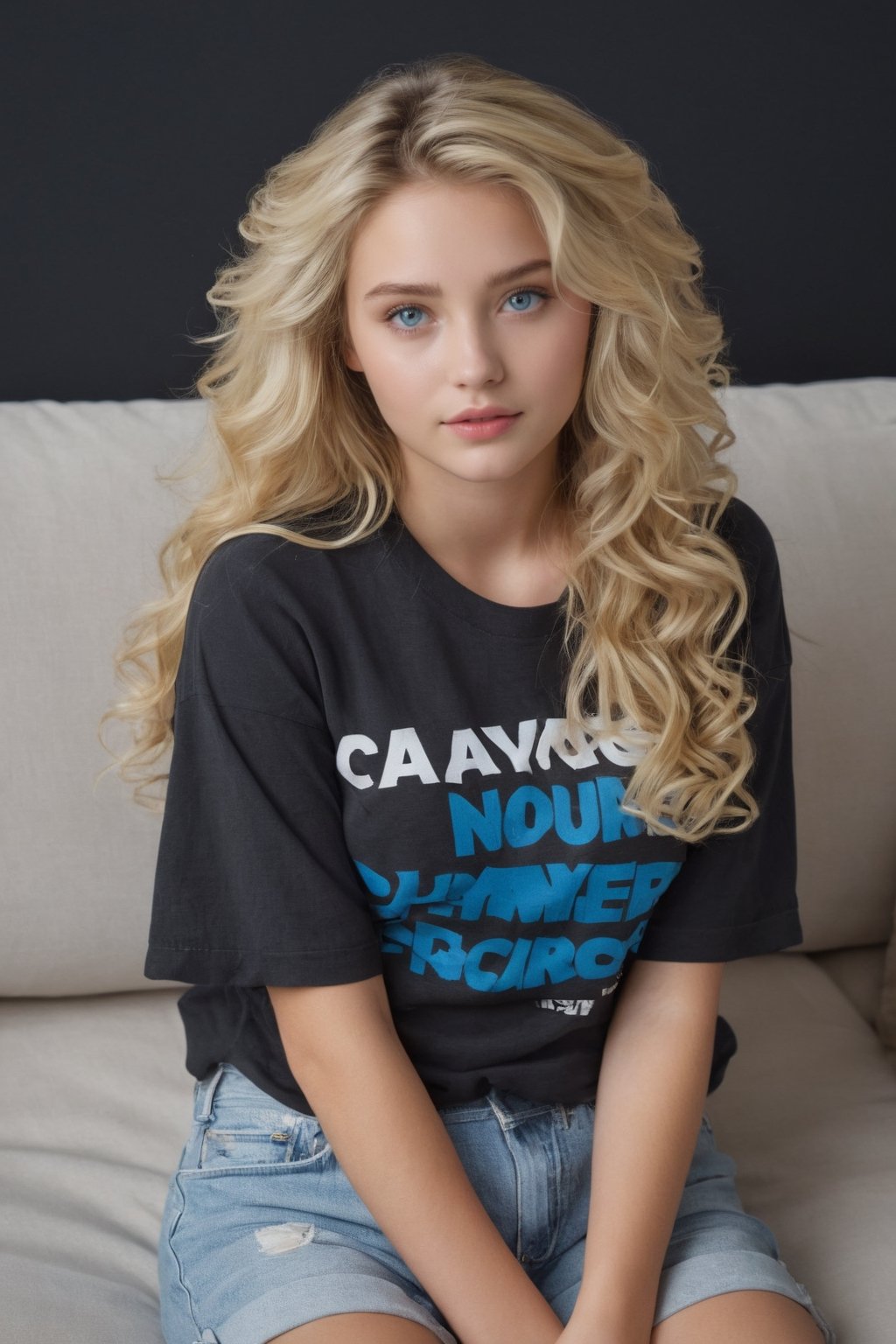 ((Generate hyper realistic image of  captivating scene featuring a stunning 20 years old girl,)) with medium long blonde hair,  flowing curls,  semi side view, sitting in a couch, donning a jeans shorts and a trendy slogan black tee with sleeves rolled up, piercing, blue eyes, photography style , Extremely Realistic,  ,photo r3al