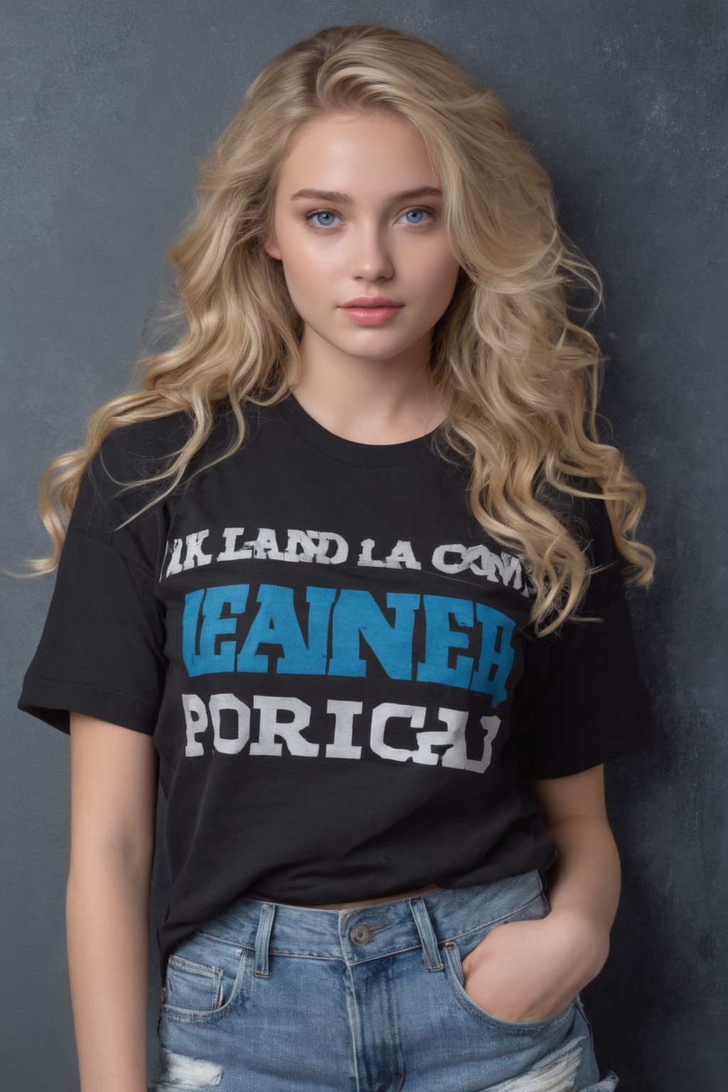 ((Generate hyper realistic portrait of  captivating scene featuring a stunning 20 years old girl,)) with medium long blonde hair,  flowing curls,  frontal view, donning a jeans shorts and a trendy slogan black tee with sleeves rolled up,((( with his forearm resting on his forehead,)))  piercing, blue eyes, photography style , Extremely Realistic,  ,photo r3al