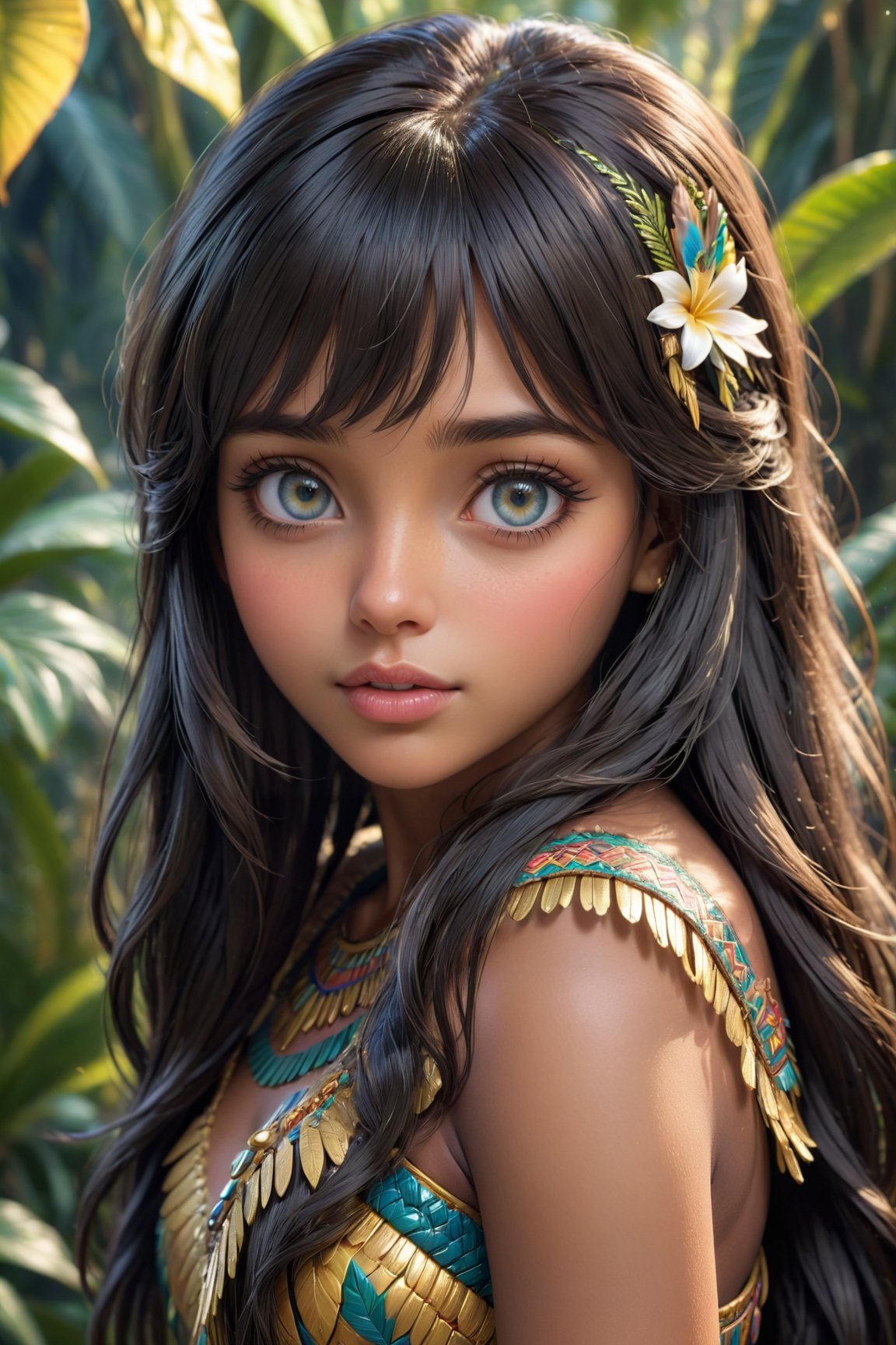 ((top quality)),  ((masterpiece)), girl of Amazonian ethnicity, with a childish face with a shy look, long dark hair with bangs, dark skin,  intricate details, cinematic image, very detailed eyes, very detailed mouth, illuminated by soft light,