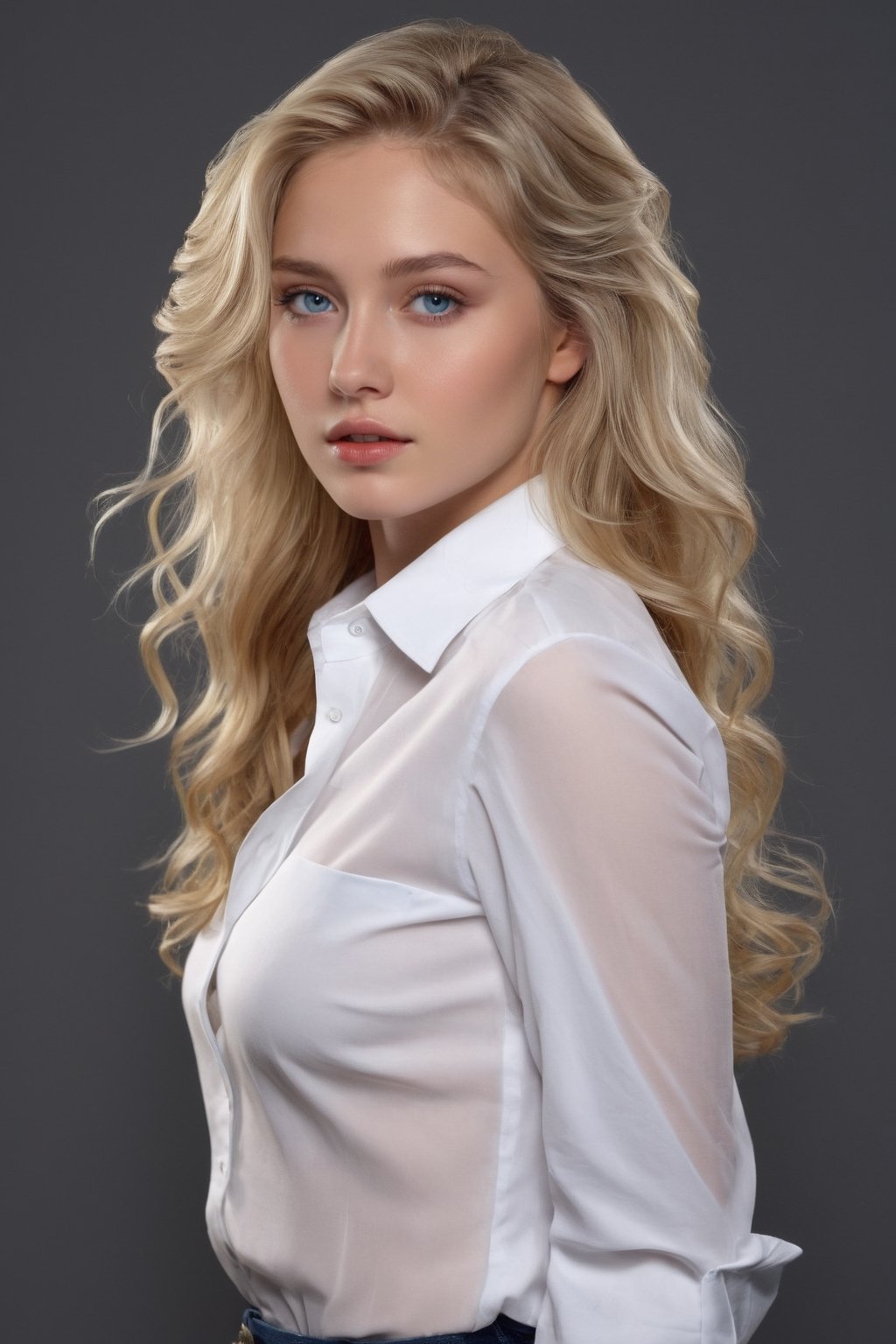 ((Generate hyper realistic image of  captivating scene featuring a stunning 20 years old girl,)) with medium long blonde hair,  flowing curls,  semi side view, standing, donning nothing more than an open and unbuttoned white shirt  with sleeves rolled up , visible breasts, piercing, blue eyes, photography style , Extremely Realistic,  ,photo r3al