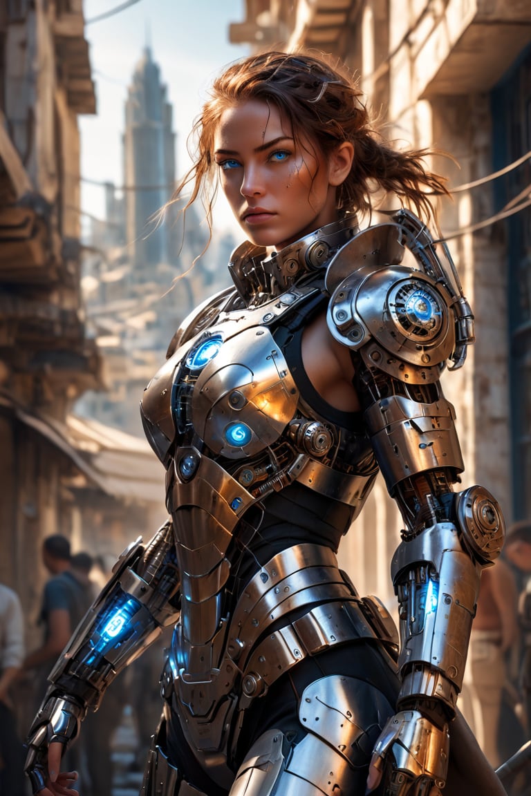 A sleek, metallic female cyborg with glowing blue eyes stares around a large, shiny gun in the center of a bustling city in ancient Greece. The intricate metal facades and towering skyscrapers of ancient Greece are illuminated by the dim light of the afternoon sun. The cyborg's gears and wires are covered in a warm amber light,