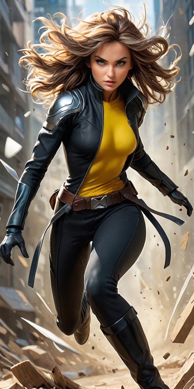 (masterpiece, top quality, Best quality, official art, beautiful and aesthetic:1.2), ((Rogue from X-men,)) ((In Marvel comics style,)) (Masterpiece, Best quality), (finely detailed eyes), (finely detailed eyes and detailed face), ((disheveled and very messy hair,)) Full body view, intrincate details, (((short black pants, Bare legs,))) black boots (Extremely detailed CG, Ultra detailed, Best shadow), (( Beautiful conceptual illustration, (illustration), (((action pose,))) (extremely fine and detailed), (Perfect details), (Depth of field),action shot