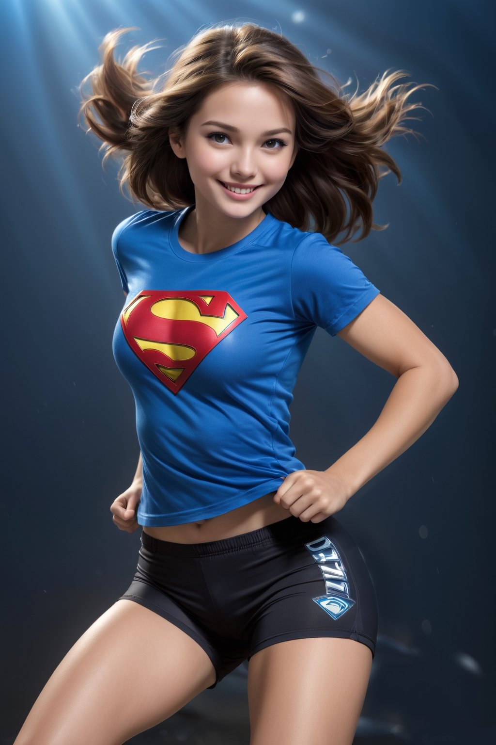 Masterpiece, highest quality image, A girl smiles, wearing a blue t-shirt with logo of Superman and a black dolphin mini shorts, masterpiece, hdr, high resolution, best quality, masterpiece, studio light, professional,3d style,action shot