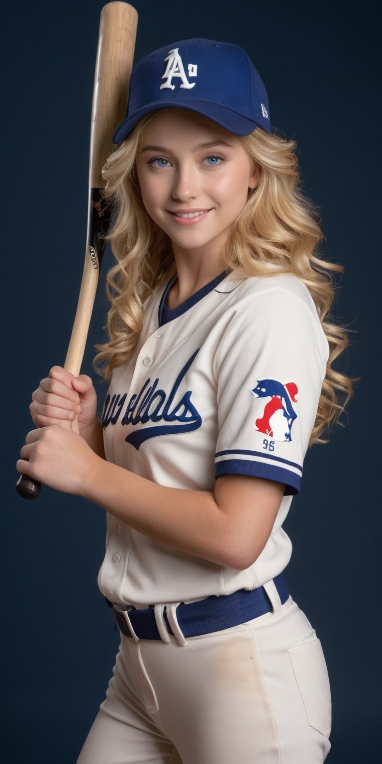 ((Generate hyper realistic full body portrait of  captivating scene featuring a stunning 20 years old girl,)) with medium long blonde hair, flowing curls, little smile, dressed in baseball gear, a peaked cap partially covering her face, standing leaning on a bat, bare legas and thigs, studio lighting,  piercing, blue eyes, photography style , Extremely Realistic,  ,photo r3al,action shot