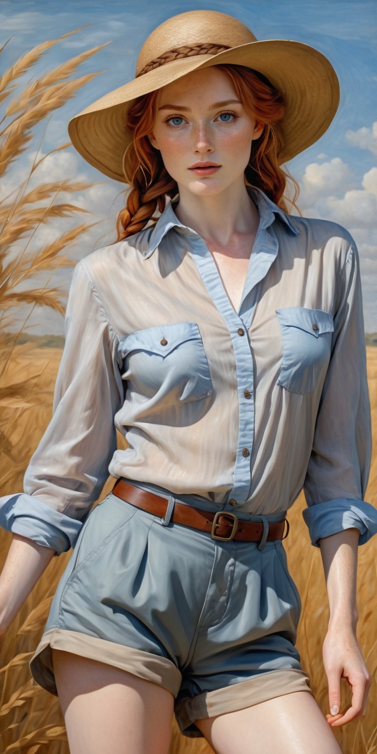 painting_(artwork), slim body female, oil painting estyle Leonardo da Vinci, ginger, freckles, braided updo hair, ((slim long opened shirt,)) pale blue eyes, smokey make-up, short pants, sensual, leaning forward, bend hips, sketched herbarium background, fisher hat created from textile, printed herbarium pattern, hat pulled over eyes, in the African savannah 