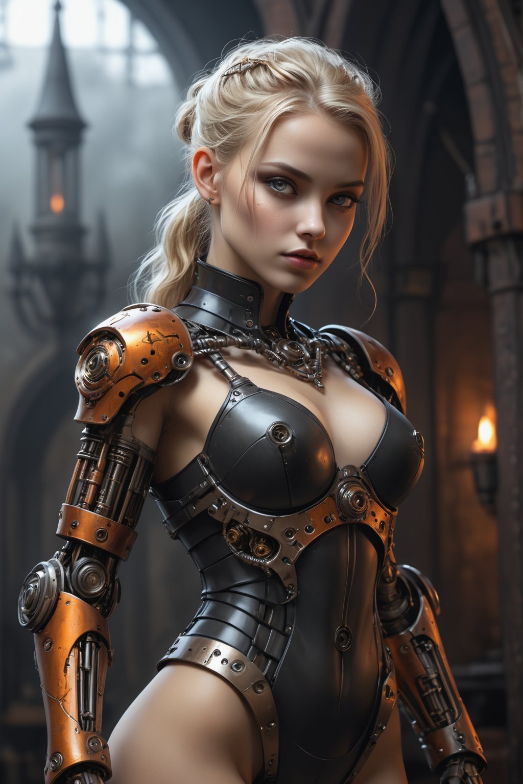 ((A pretty girl, gothic aspect,)) ((full body view.)) ultra detailed, ultra Realistic fantasy,
steampunk style cybernetic gadgets and a robotic arm, beautiful young blond lady, Extreme intricate Ddetailed gadgets, tight leather body suit, (Masterpiece, Best quality), (finely detailed eyes), (finely detailed eyes and detailed face), (Extremely detailed CG, Ultra detailed, Best shadow), Beautiful conceptual illustration, (illustration), (extremely fine and detailed), (Perfect details), (Depth of field),fire element,fire