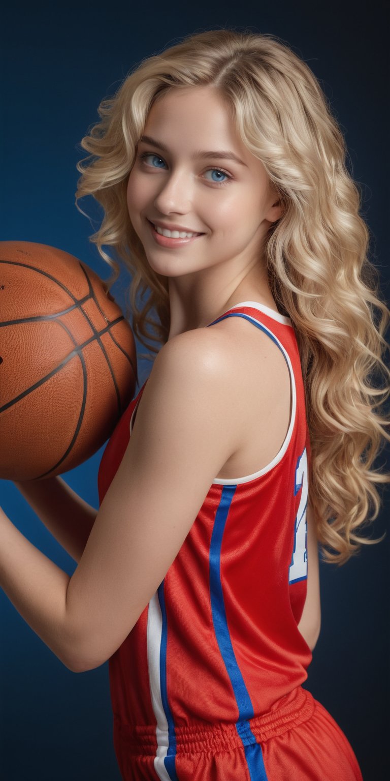 ((Generate hyper realistic full body portrait of  captivating scene featuring a stunning 20 years old girl,)) ((semi side view,)) with medium long blonde hair, flowing curls, little smile, donning only a red basketball  jersey, bare legas and thigs, studio lighting,  piercing, blue eyes, photography style , Extremely Realistic,  ,photo r3al,action shot