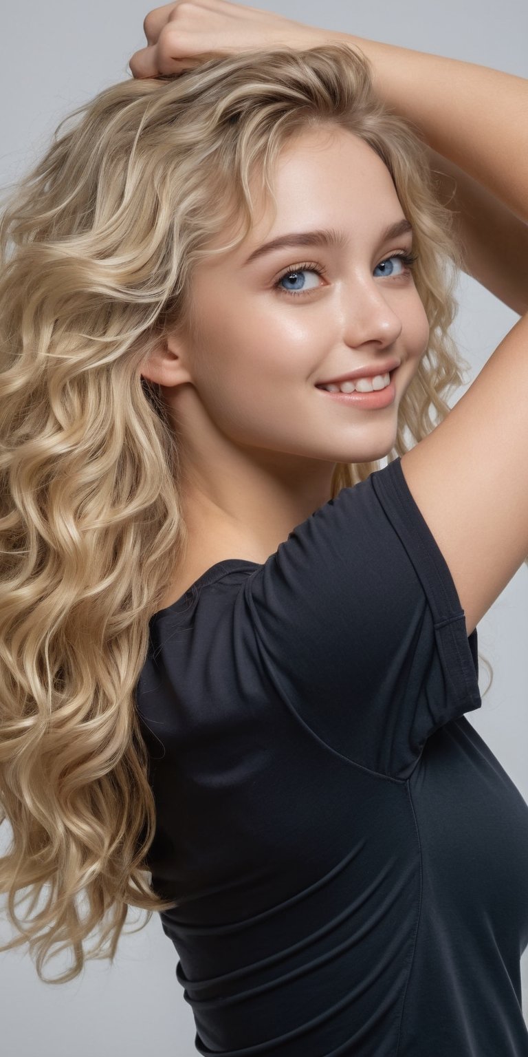((Generate hyper realistic half body portrait of  captivating scene featuring a stunning 20 years old girl,)) ((semi side view,)) with medium long blonde hair,  flowing curls, little smile, donning a sport shorts and a black shirt, ((with arms raised playing with his hair,))  piercing, blue eyes, photography style , Extremely Realistic,  ,photo r3al