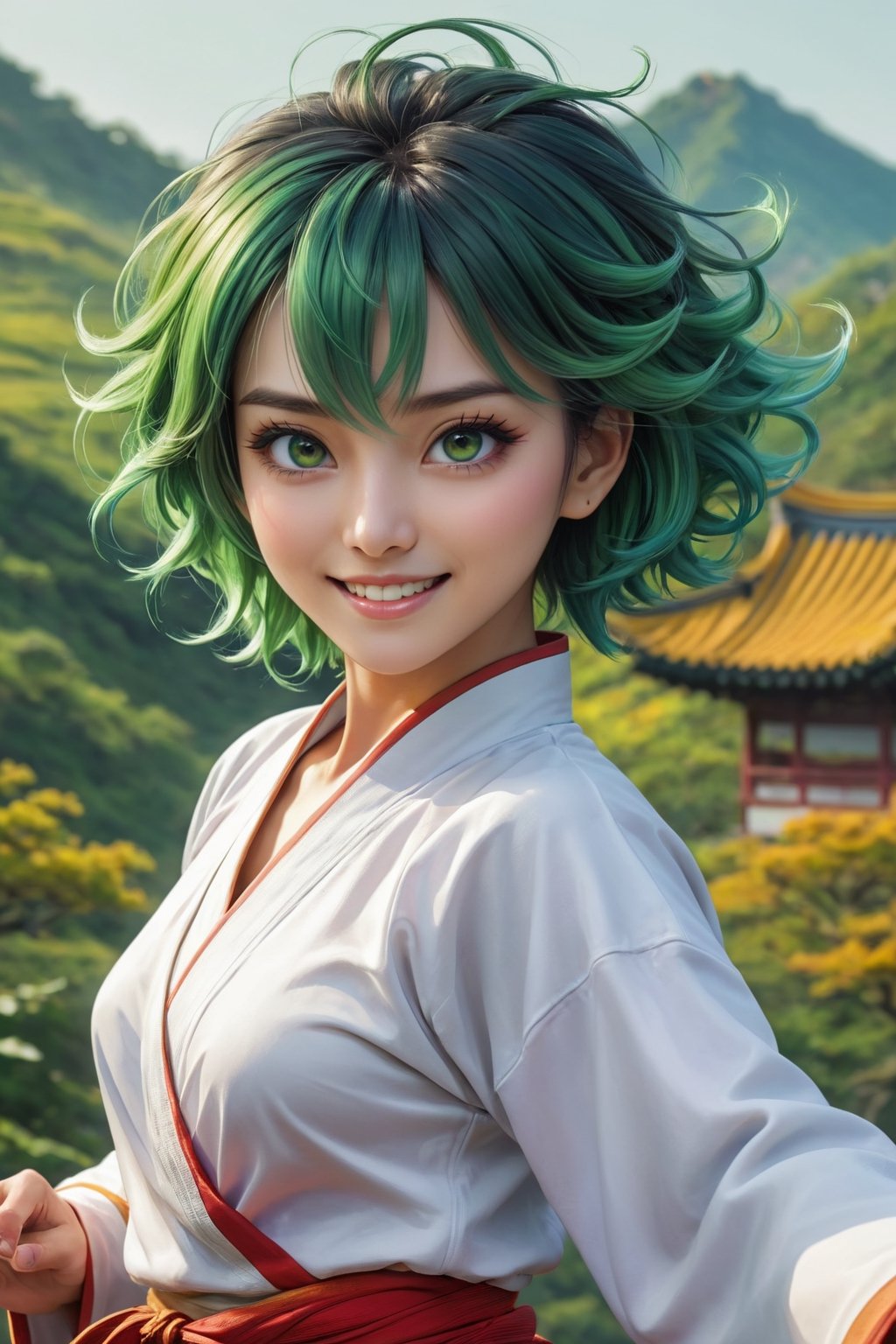 (masterpiece), ((best quality)), ultra-detailed, (illustration), (dynamic angle), (paint), ( green hair), (woman), ((detailed face)), (short hair), beautiful detailed gradient eyes, (colourful background), (martial art clothes), traditional clothes, dynamic angle, gold and white lining, (dynamic pose), (mystical landscape), detailed clothes, (good anatomy), gradient eyes, smile, (semi-realistic),