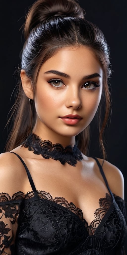 ((Generate hyper realisticimage of a stunning  20 year old girl,)) rich intrincate detailed, black lace dress, long dark hair in a ponytail, meaningful colors,16k resolution, masterpiece, highly complex setting,dynamic lighting, breathtaking, lovely photography style, Extremely Realistic,